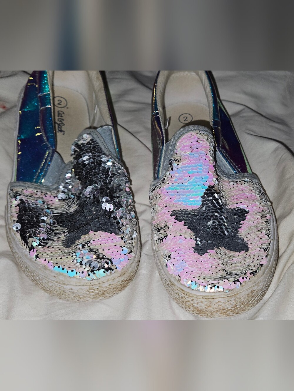 Cat & Jack Iridescent Sequin Slip-On Sneakers with Black Star Size 2